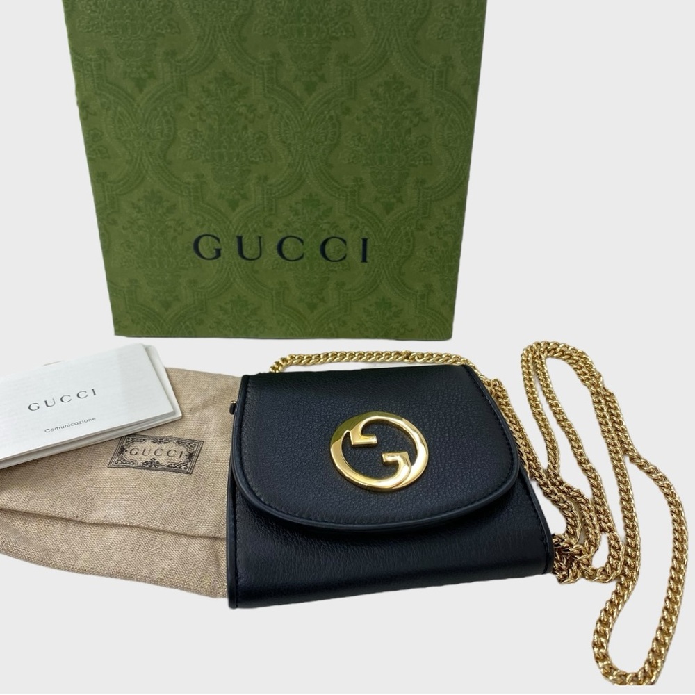 GUCCI New in Box Blondie Black Leather Gold Logo Wallet on a Chain